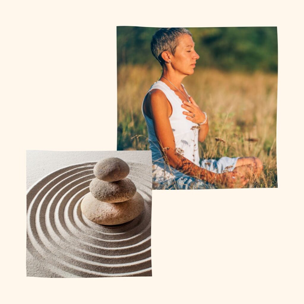 Montage 1 image femme en méditation nature et 1 pierres en équilibre calme