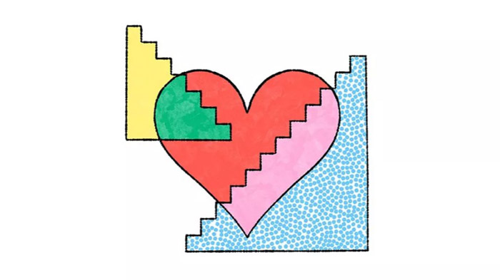 Dessin coloré cœur rouge et escaliers à droite et à gauche