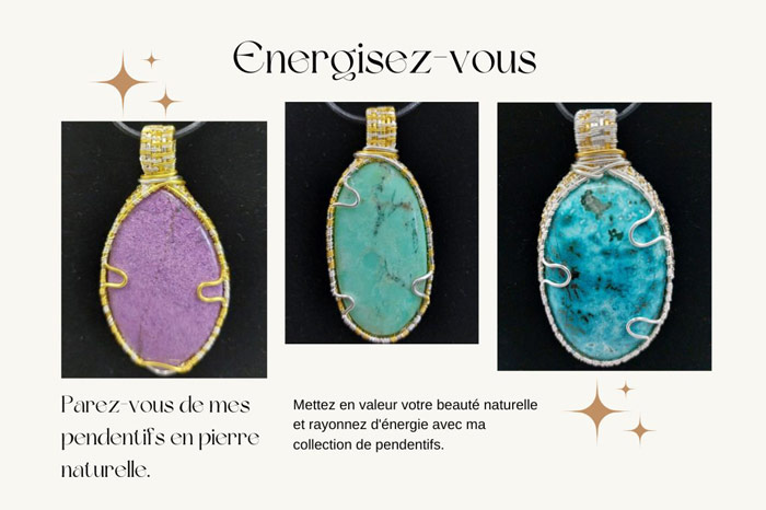 Créations uniques fait main. Pendentifs pierres naturelles Véronique Licini, stichtite, chrysoprase, agate