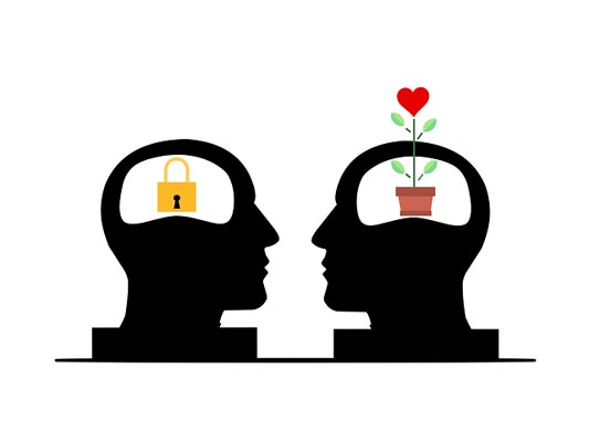 Deux têtes avec des plantes symbolisant les 3 sortes d’empathie — émotionnelle, cognitive, comportementale