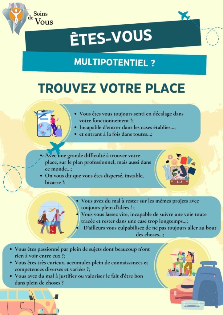 Acceptez votre singularité. Êtes-vous multipotentiel ? Trouvez votre place — infographie sur les traits, défis, et émotions du multipotentiel.