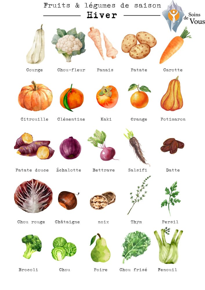 Fruits et légumes de saison en hiver — riches en vitamines et minéraux selon la naturopathie — gingembre, chou-fleur, pomme, carotte