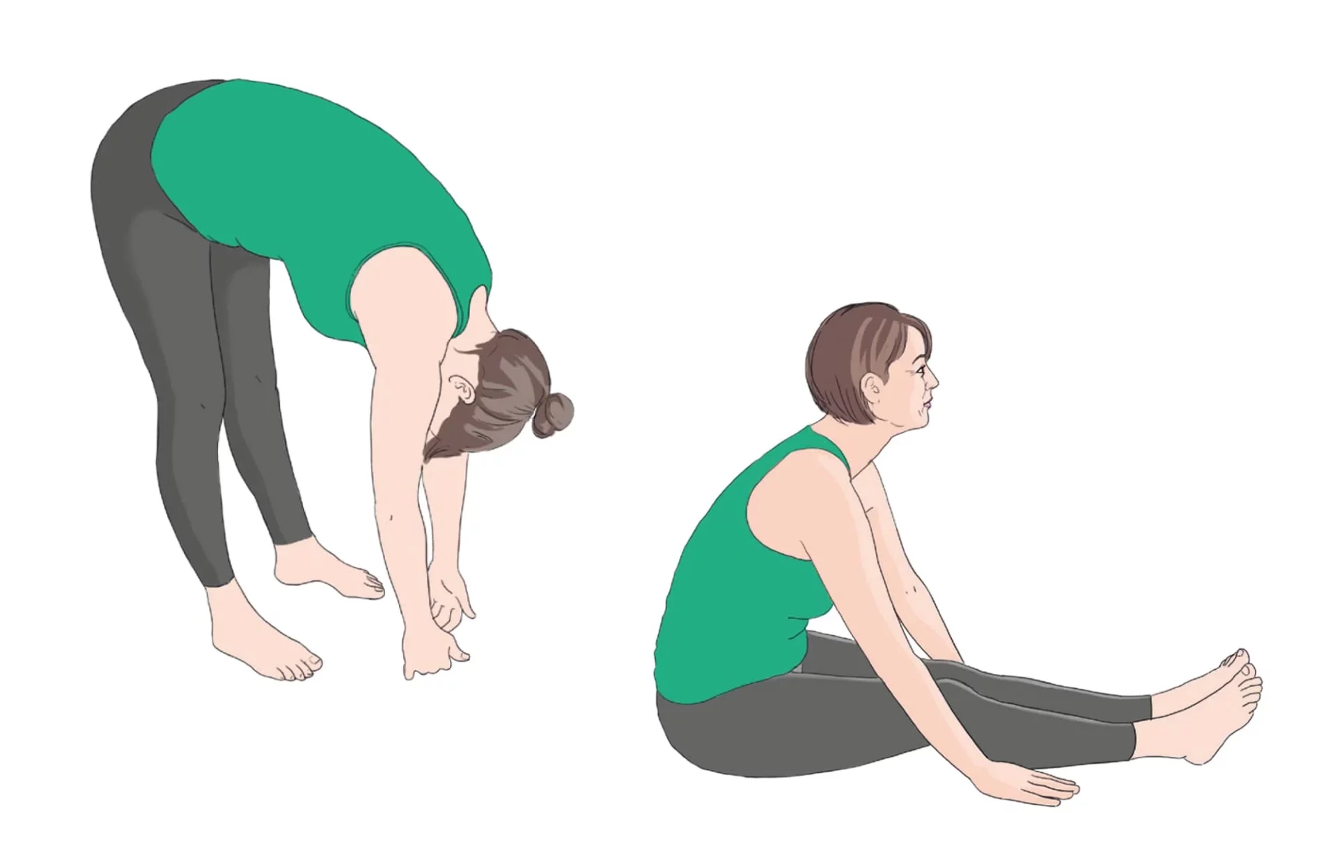 Renforcement des genoux. Dessin femme debout touche le sol mains et assise par terre étirement jambes