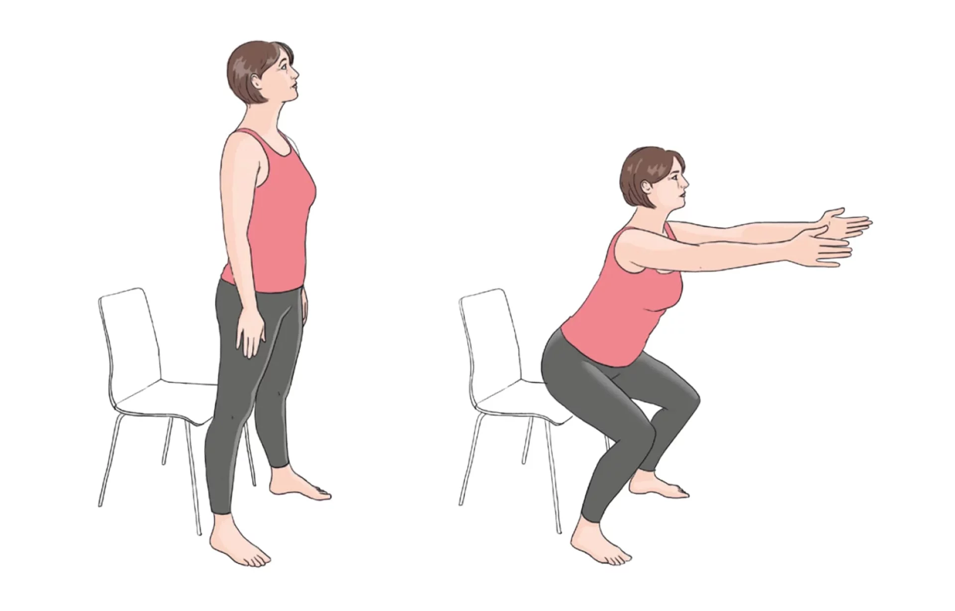 Dessin de femme debout qui se plie comme pour s'asseoir bras tendu devant