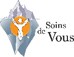 Logo avec texte du cabinet Soins de Vous Lausanne - iceberg et personne au centre d'une boussole orange