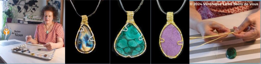 Véronique Licini crée à la main un pendentif en pierre naturelle — bienveillance, intention, énergie