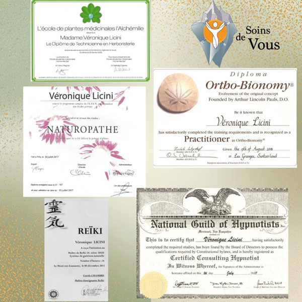 Illustration des diplômes de Véronique Licini, naturopathe et thérapeute holistique, qui suis-je.